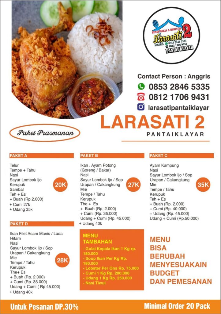 Menu Paket Prasmanan Rumah Makan Larasati Pantai Klayar